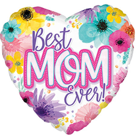 E002 17" BEST MOM EVER HEART SHAPED FLORAL FOIL BALLOON