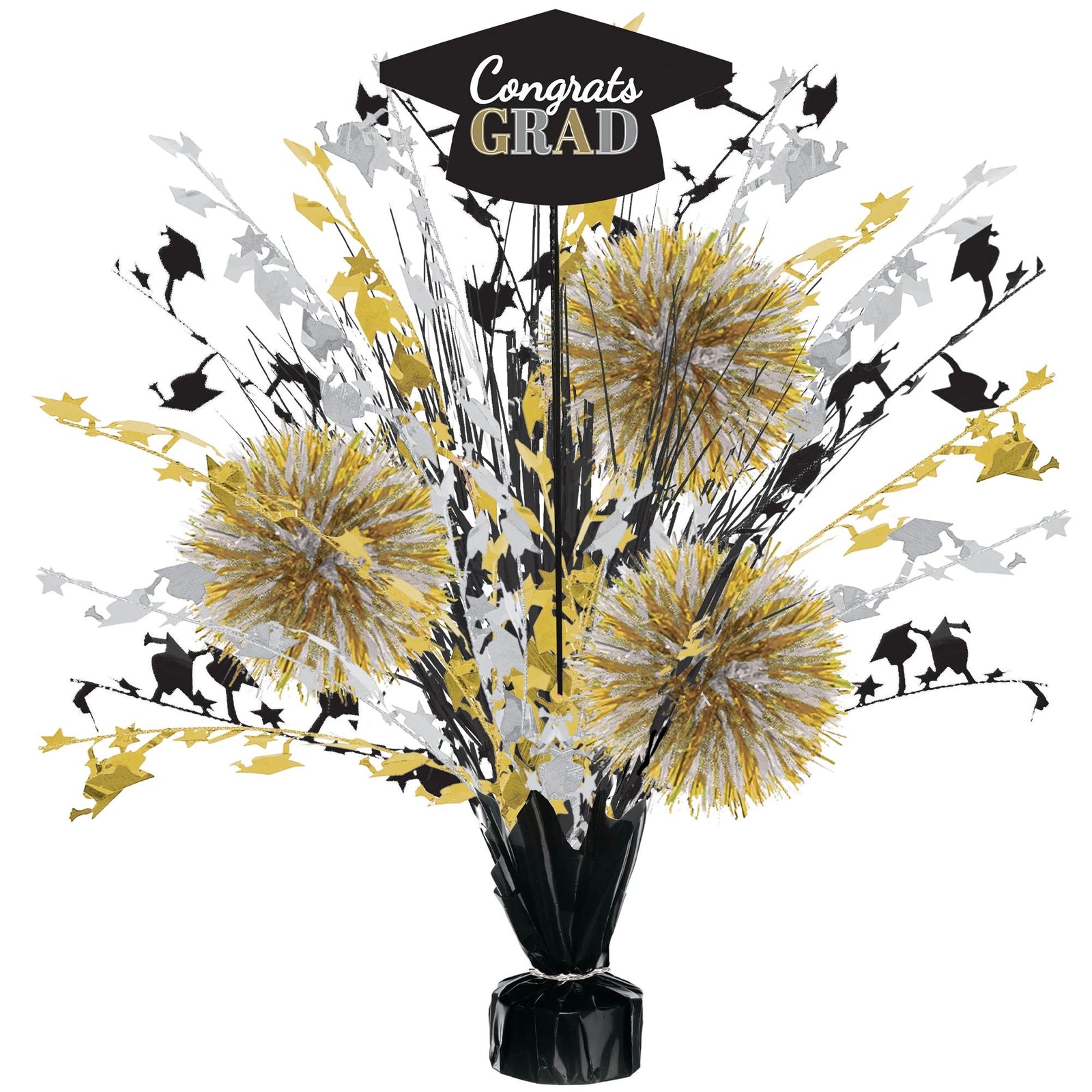 Grad Tinsel Burst Centerpiece - Black, Silver, Gold