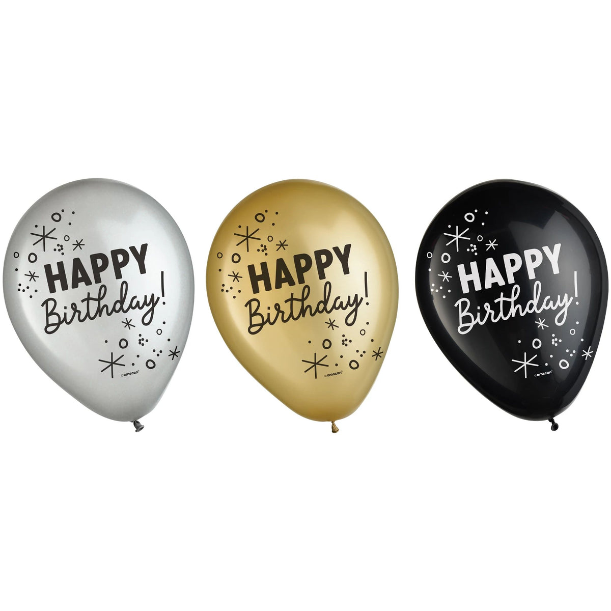 &quot;Happy Birthday&quot; Printed Balloons - Black, Silver, Gold