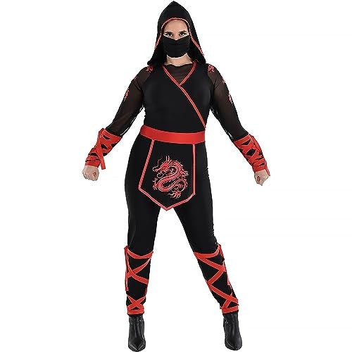 Black and Red Polyester Ninja Jumpsuit & Mask Set
