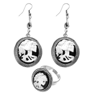 Black & Bone Halloween Fancy Dress Accessory Earrings & Ring Jewelry Set