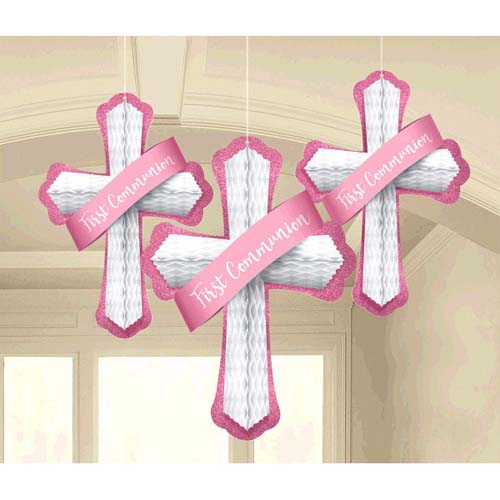 Religious First Communion Pink Honeycomb Decorations