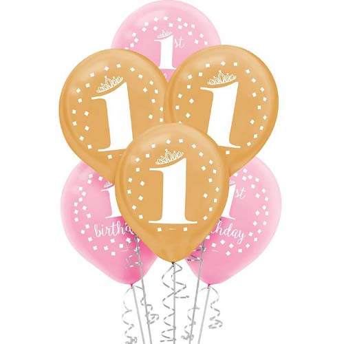 1st Birthday pink and gold balloons