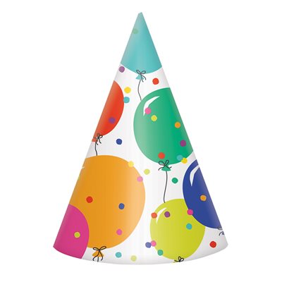 Multicolored balloons & confetti party hats 8pcs