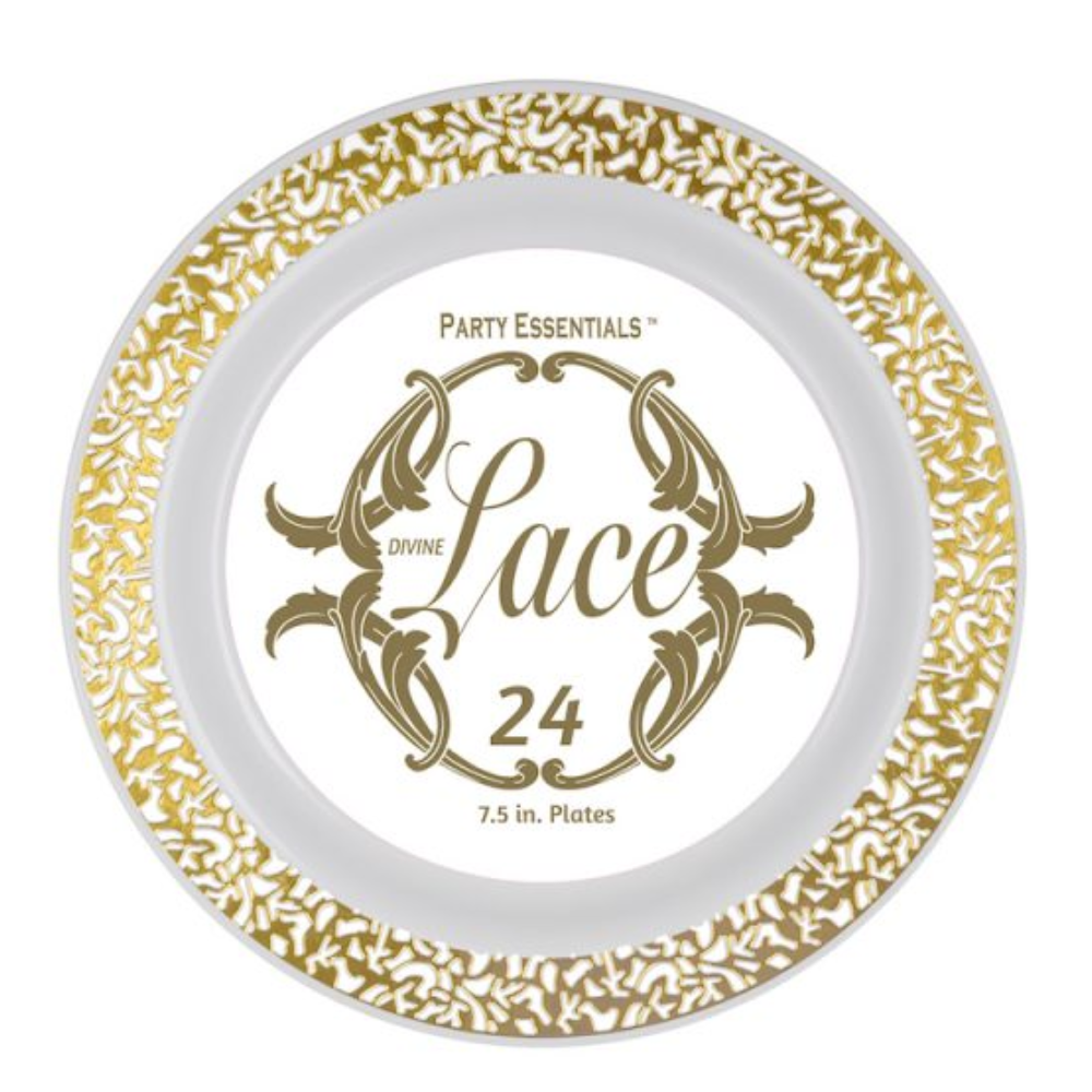 7.5″ LACE PLATES – WHITE W/ GOLD EDGE 24 CT.