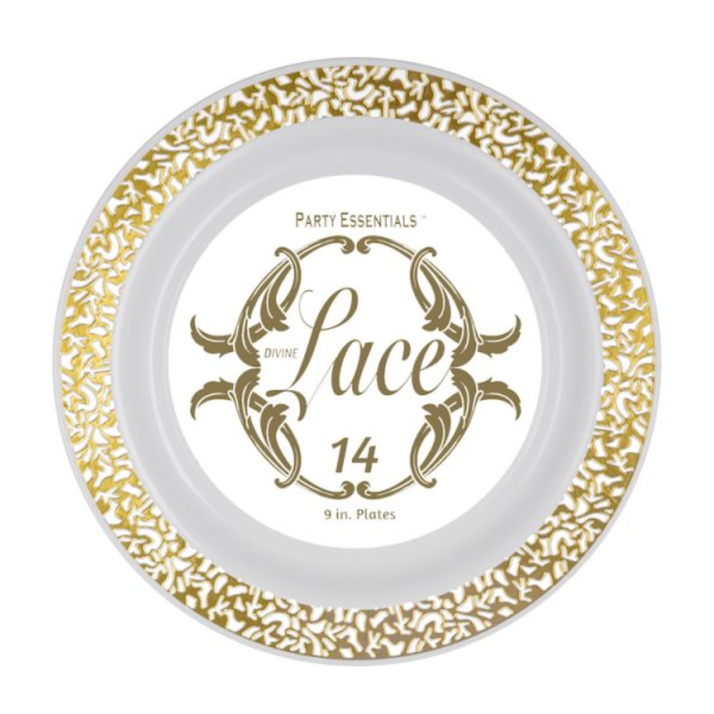 9″ LACE PLATES – WHITE W/ GOLD EDGE 14 CT.