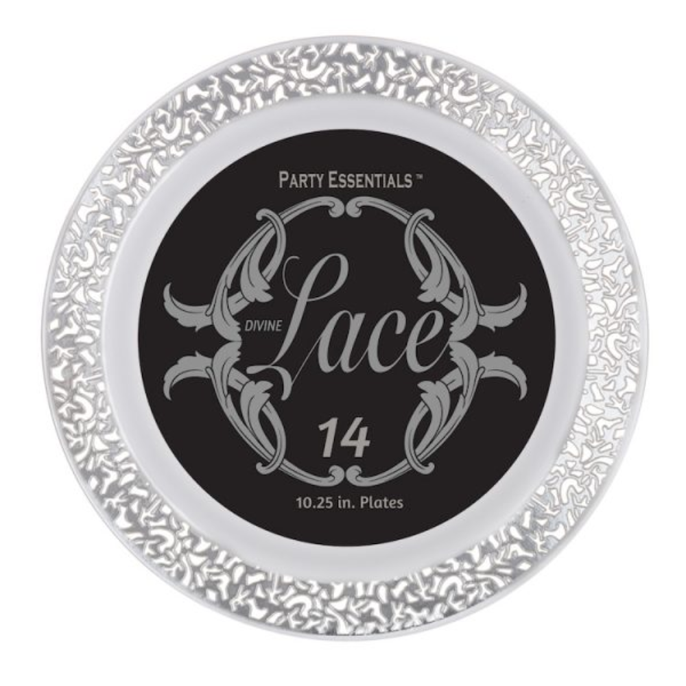 10.25″ LACE PLATES – WHITE W/ SILVER EDGE 14 CT.
