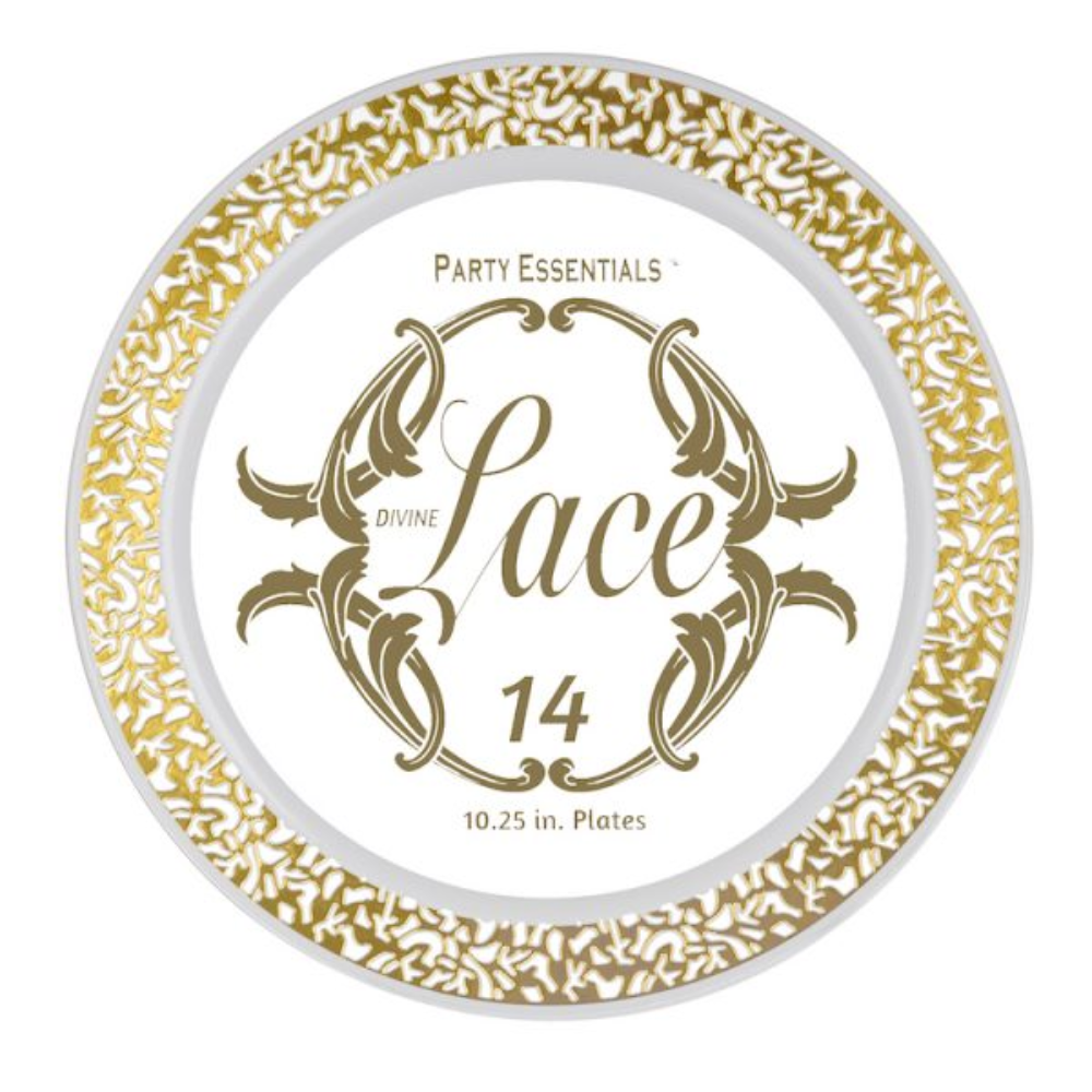 10.25″ LACE PLATES – WHITE W/ GOLD EDGE 14 CT.