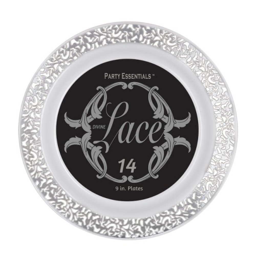 9″ LACE PLATES – WHITE W/ SILVER EDGE 14 CT.