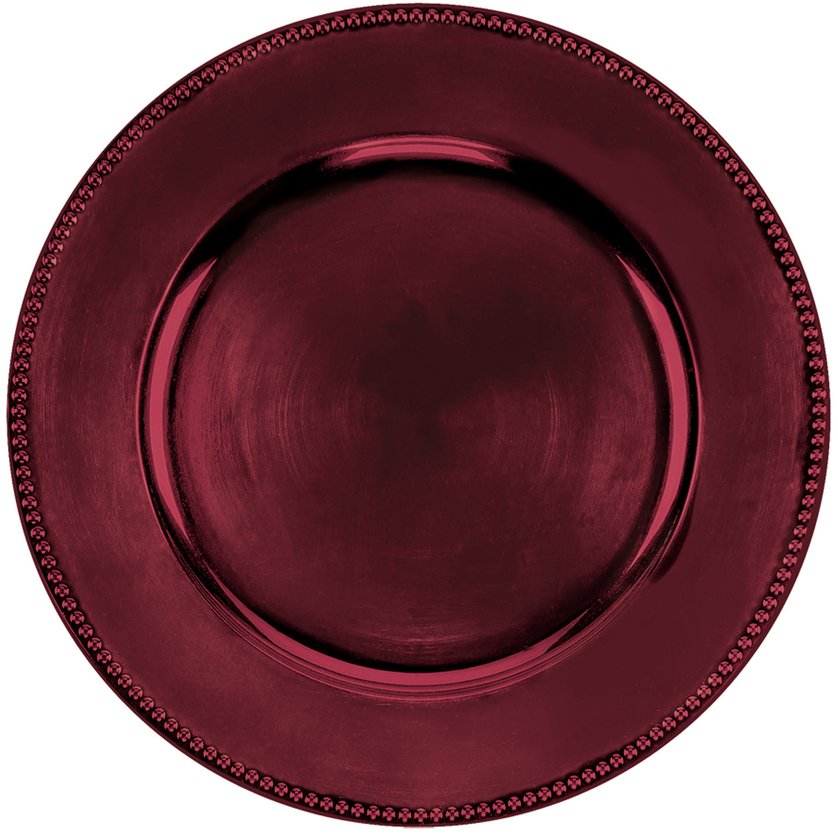 Burgundy Metallic Round Plastic Charger has a 14in diameter.