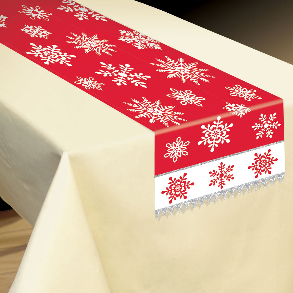 Christmas Red and White Snowflake Table Runner with Silver Metallic Trim, Red/White