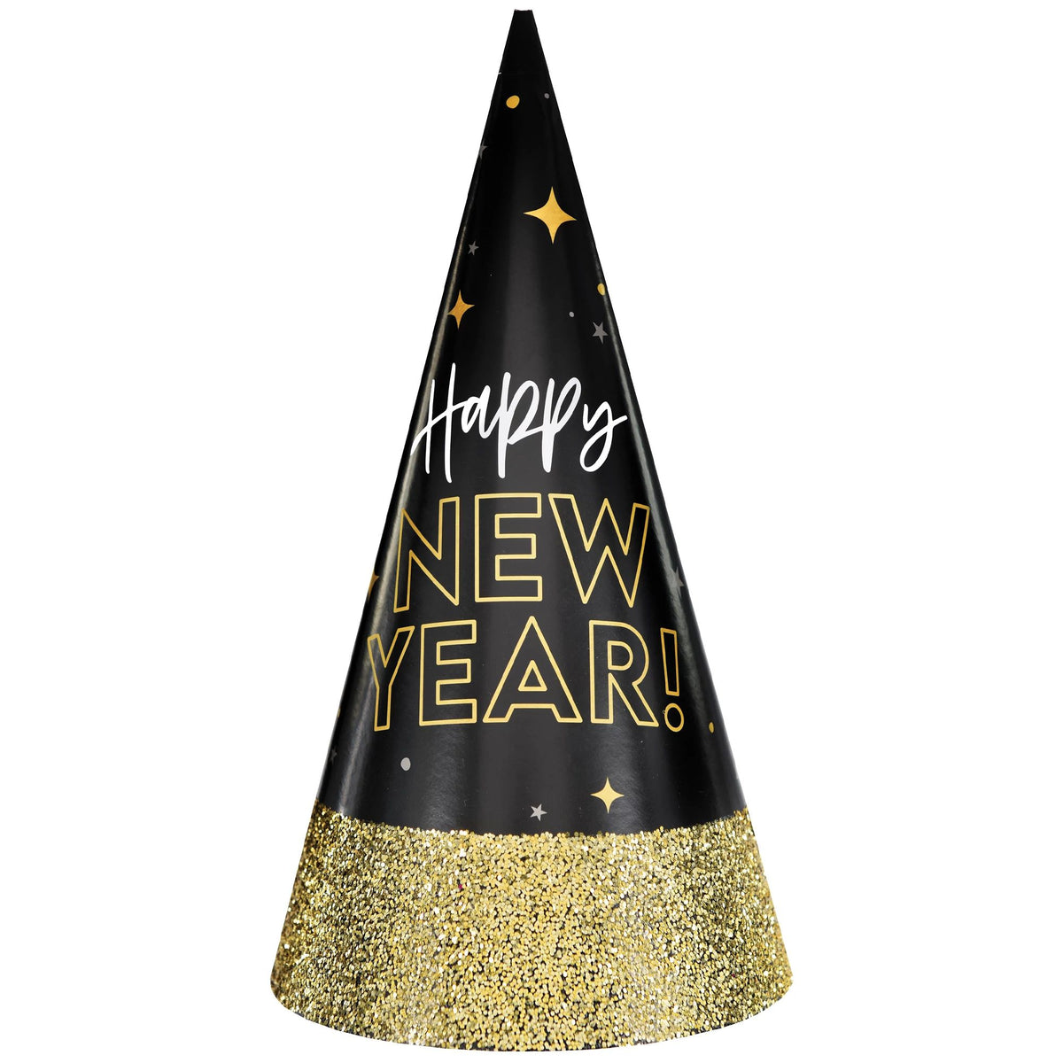 Happy New Year&#39;s Glitter Dipped Cone Hat - Black, Silver, Gold