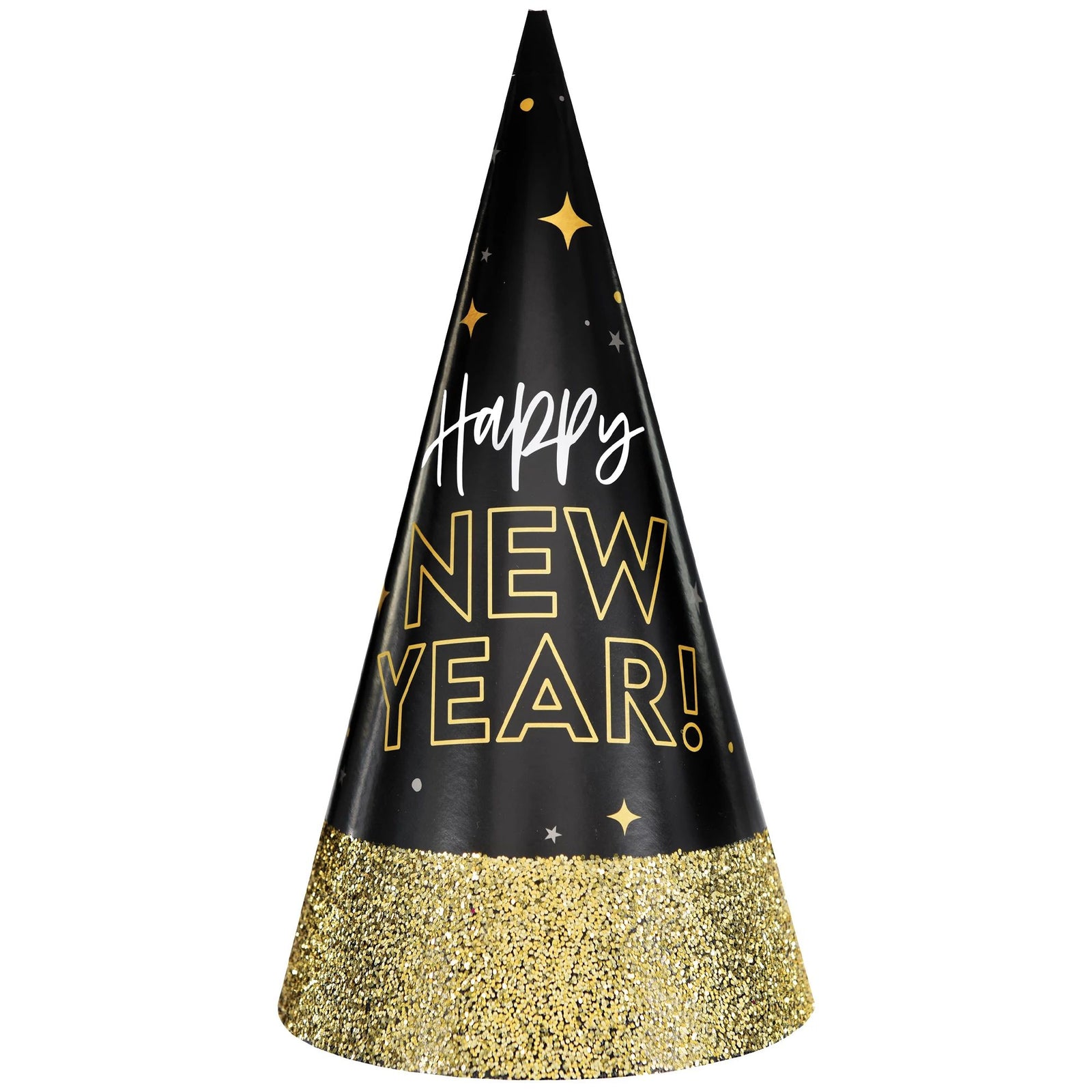 Happy New Year's Glitter Dipped Cone Hat - Black, Silver, Gold