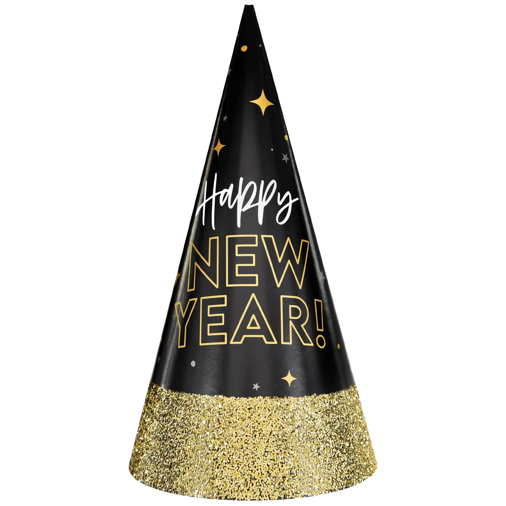 Happy New Year's Glitter Dipped Cone Hat - Black, Silver, Gold