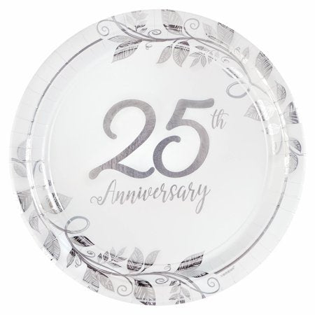 Happy 25th Anniversary 7&quot; Round Metallic Plates 8ct