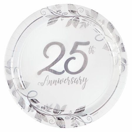 Happy 25th Anniversary 7" Round Metallic Plates 8ct
