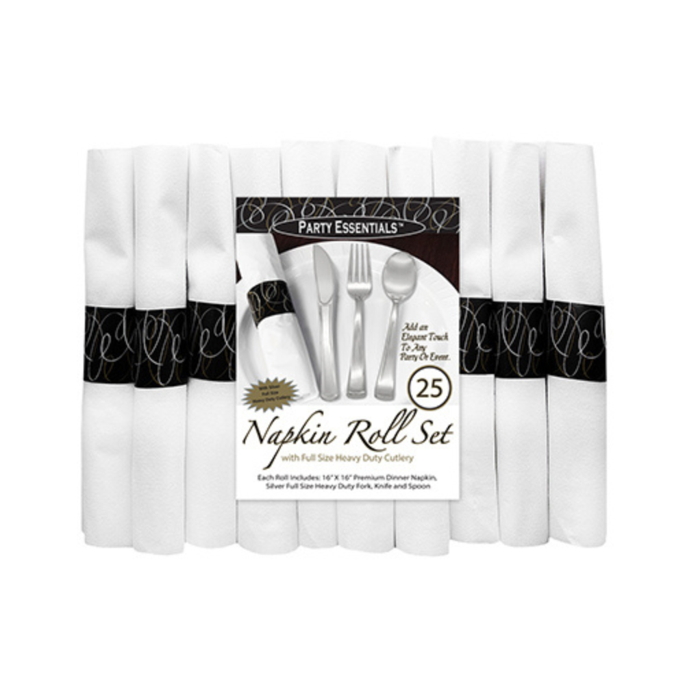 NAPKIN ROLLS WITH SILVER CUTLERY BAGGED 