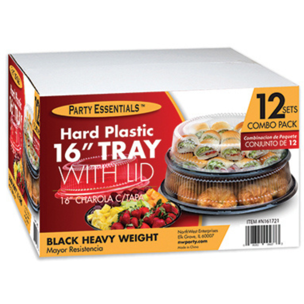 TRAY/LID SETS – 16″ BLACK TRAYS WITH CLEAR DOME LIDS