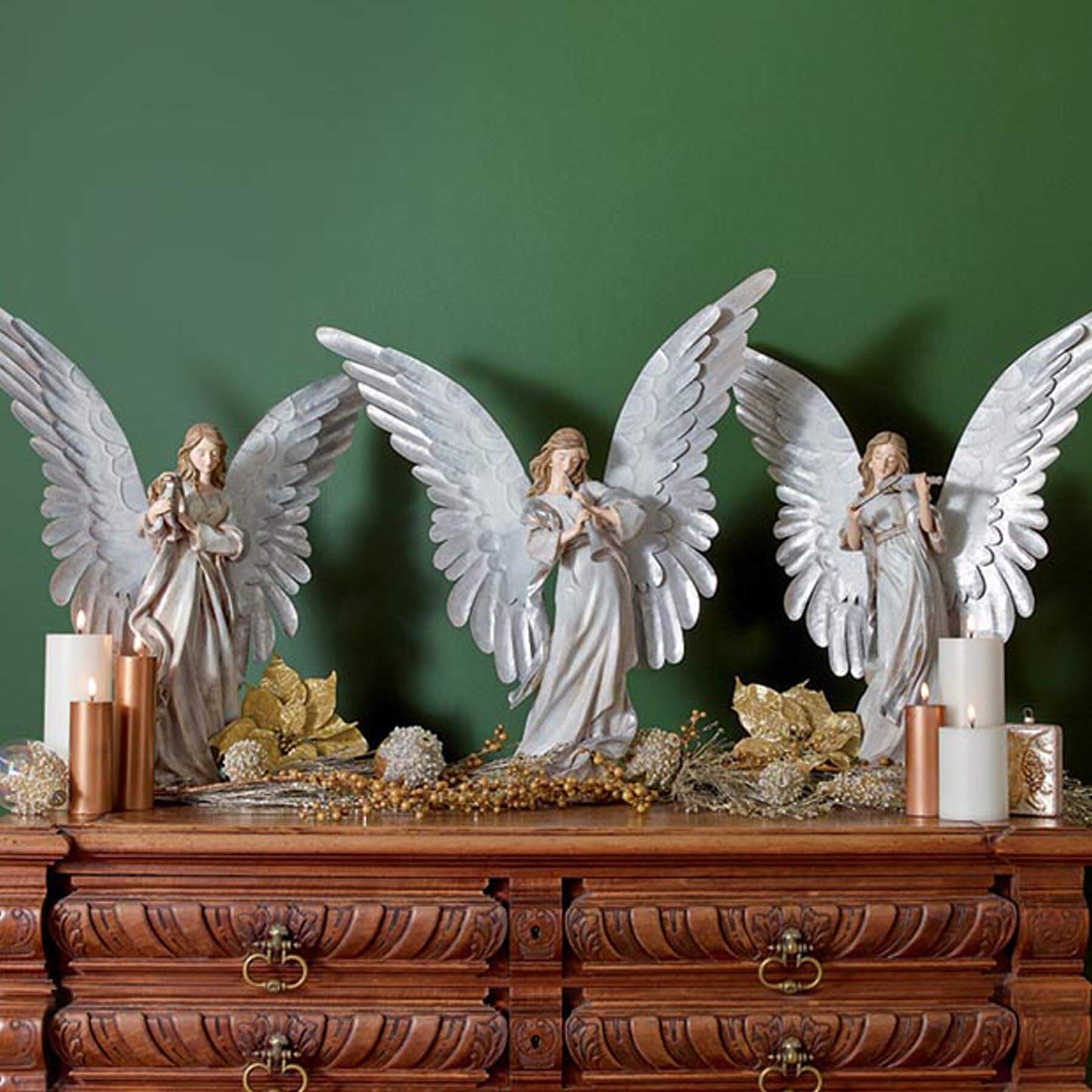 christmas and holiday decorations, three angles on dresser