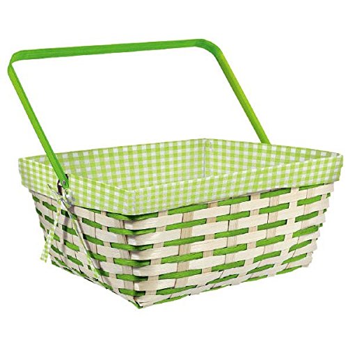 Green Gingham Fabric Lined Picnic Basket
