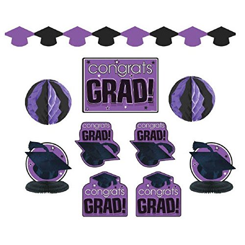 "Congrats Grad!" Graduation Party Room Decorating Kit, Purple and Black, Paper, Pack of 10