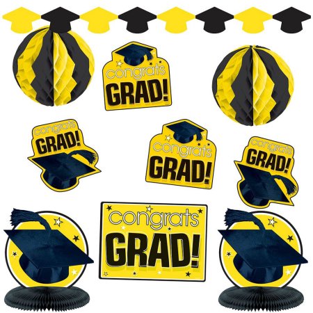 "congrats Grad!" Graduation Party Room Decorating Kit (10 Piece), Yellow/Black, One Size
