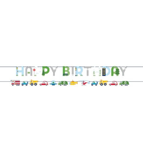 Transportation Time City Life Happy Birthday Letter and Vehicle Ribbon Banners