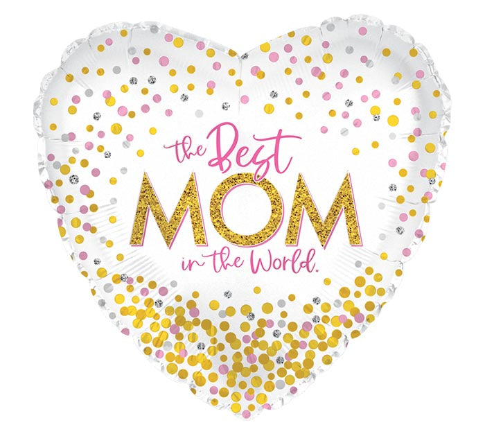 E003 17&quot; BEST MOM IN THE WORLD CONFETTI HEART FOIL BALLOON