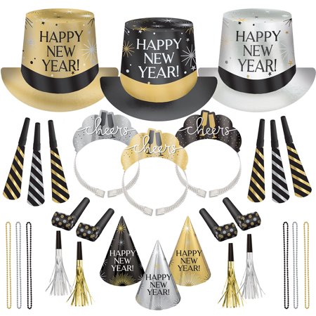 75-Piece New Year&#39;s Eve Party Supplies: Wearables &amp; Noisemakers for 25 Guests in Black, Gold, and Silver