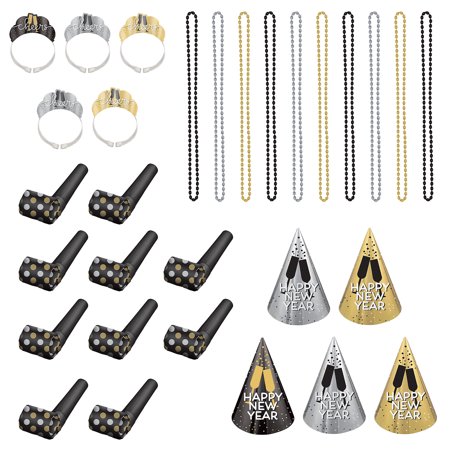 Party City New Year’s Eve Wearables and Noisemakers for 10 Guests Party Supplies Black Gold and Silver 30 Piece