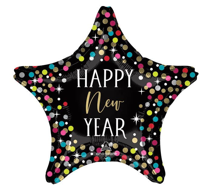 19" HAPPY NEW YEAR COLORFUL CONFETTI STAR FOIL BALLOON