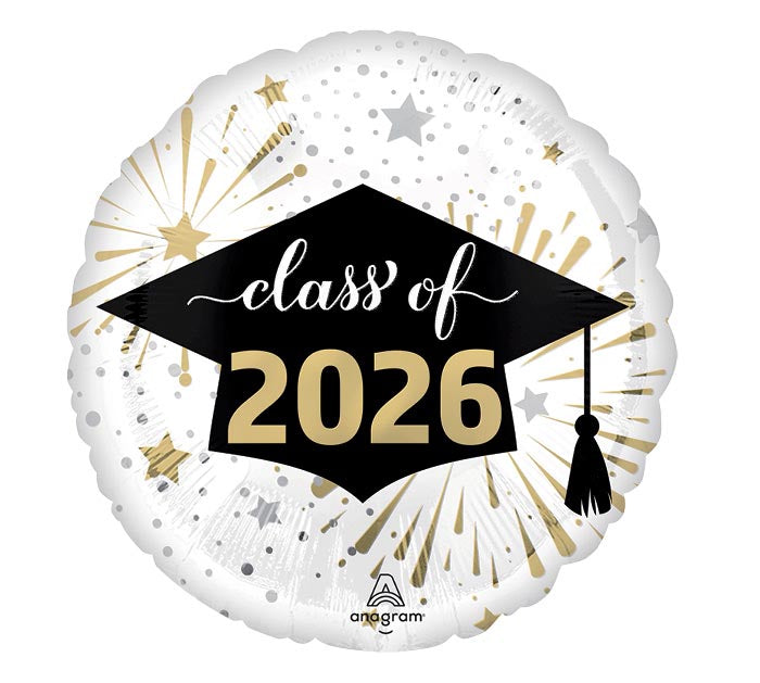17" Grad Class of 2026 White and Gold Foil Balloon