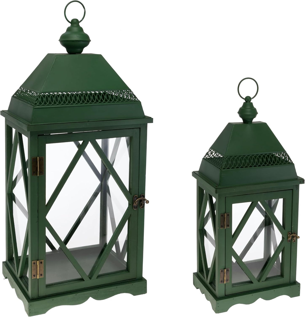 Lantern/Candle Holder Decorative Wooden Lanterns for Home, Tabletops, Mantels, Patios, Set of 2, Hunter Green
