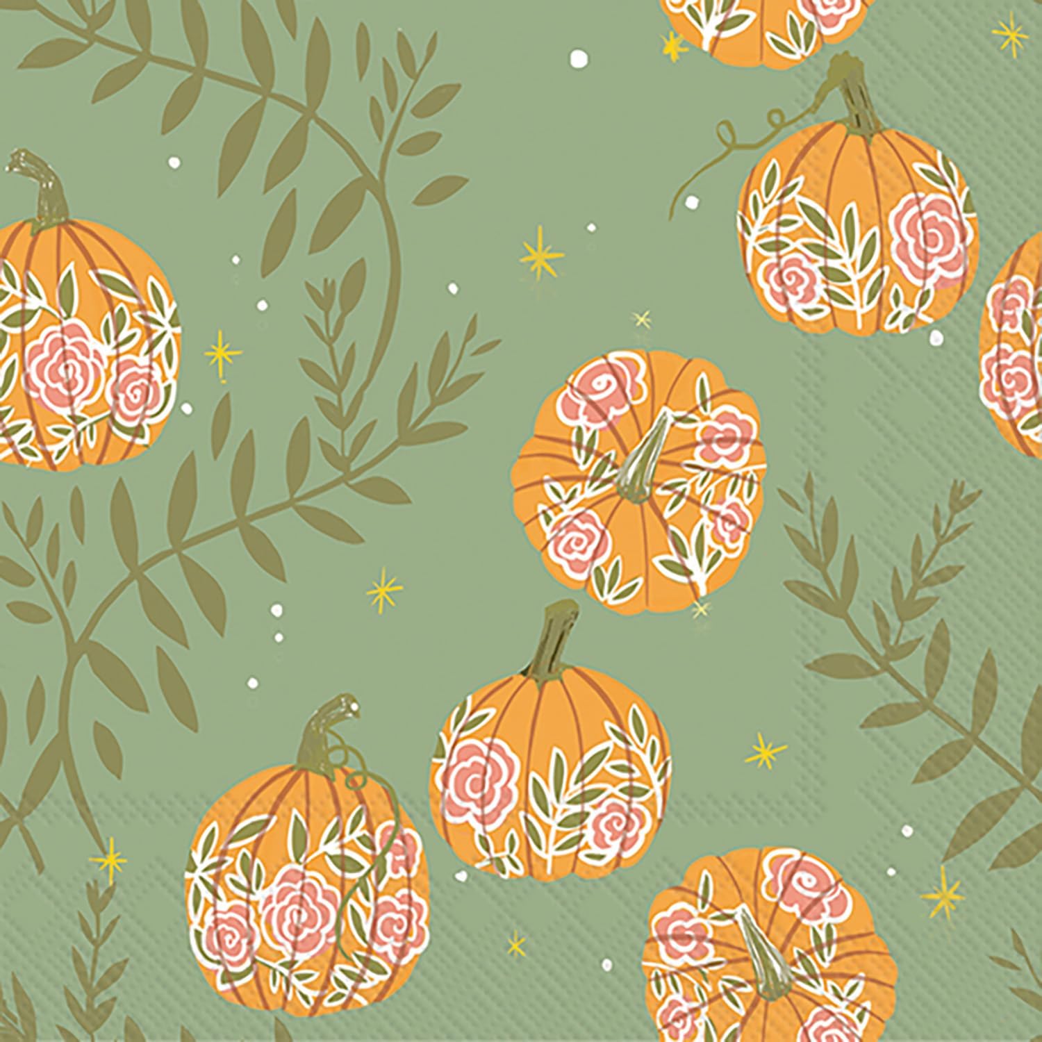 Party Napkins Disposable 3-Ply Paper Lunch Napkin Pack, 6.5" x 6.5", Pumpkins with Roses, 20-Count