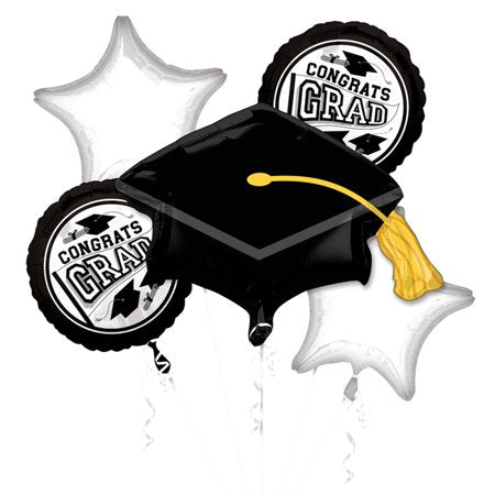 Be True to Your School Colors Graduation Bouquet 5pc Balloon Pack White Black