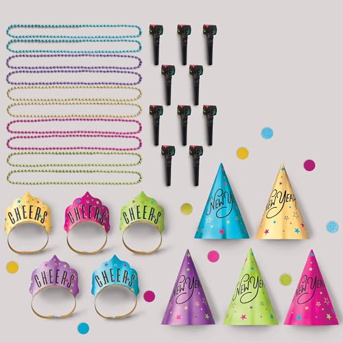 Party City Starlight New Year&#39;s Eve 2025 Party Kit Includes Hats, Necklaces, Blowouts, Squawkers, Horns (10 Person)