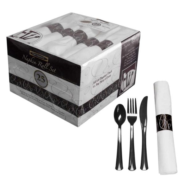 Napkin Rolls with Black Cutlery - 25 ct.