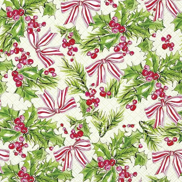 Party Napkins Disposable 3-Ply Paper Lunch Napkin Pack, 6.5" x 6.5", Pink Holly Bows, 20-Count