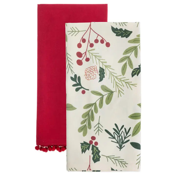 Holly & Berries Cotton Tea Towels Christmas Set of 2