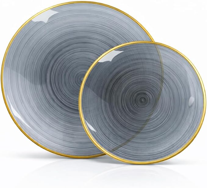 Spiralique 32 Piece Dinnerware Set - Charcoal with Gold Rim