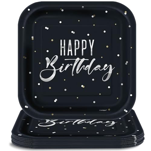Unique Black & Silver Happy Birthday Square Paper Dessert Plates - 7" (Pack of 8)