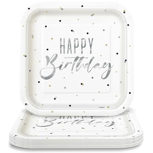 Unique Silver & White Happy Birthday Square Paper Dinner Plates - 9" (Pack of 8)