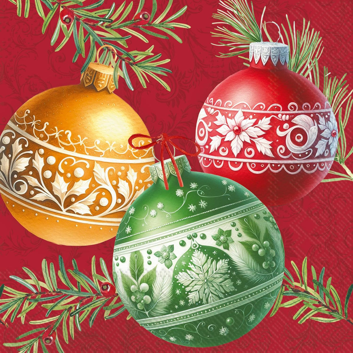 Cocktail Napkins Disposable 3-Ply Paper Party Napkin Pack, 5" x 5", Christmas Bubbles (Red), 20-Count