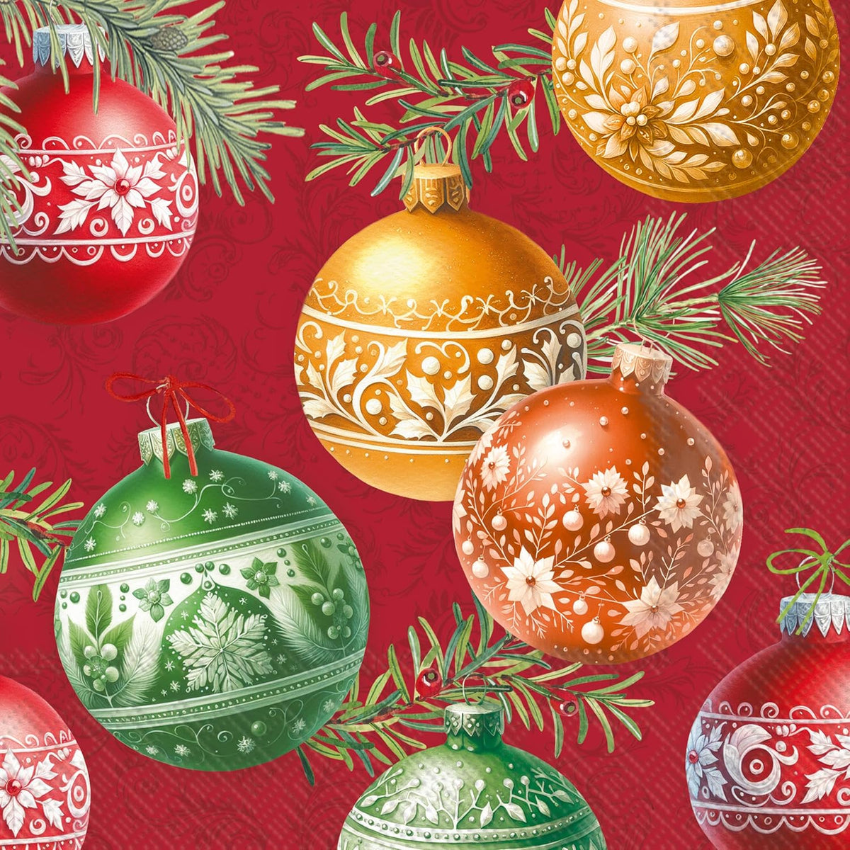 Party Napkins Disposable 3-Ply Paper Lunch Napkin Pack, 6.5" x 6.5", Christmas Bubbles (Red), 20-Count