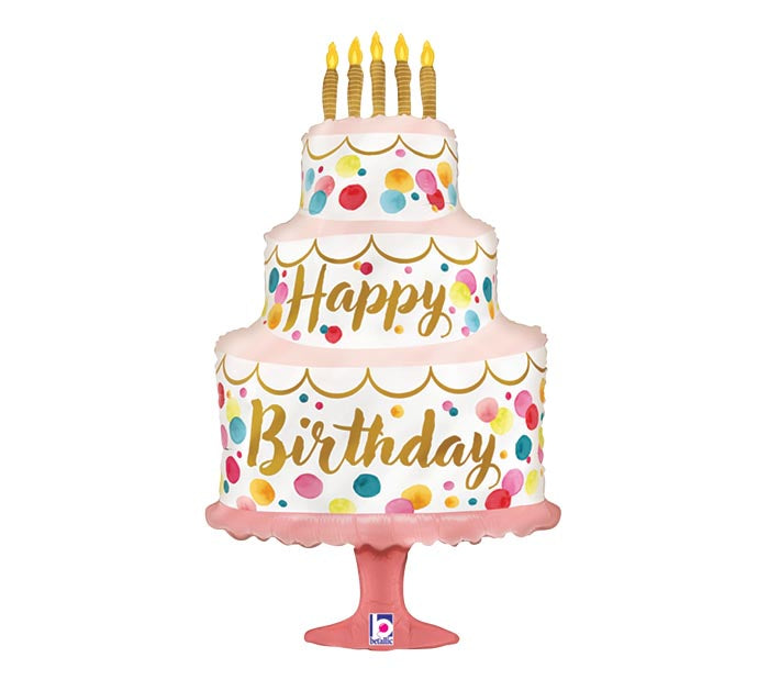 A006 33" SATIN BIRTHDAY PINK CAKE SHAPE FOIL BALLOON