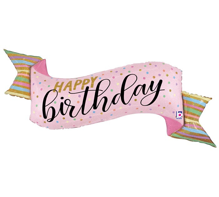 353 45" Happy Birthday Pastel Glitter Holographic Banner-Shaped Balloon