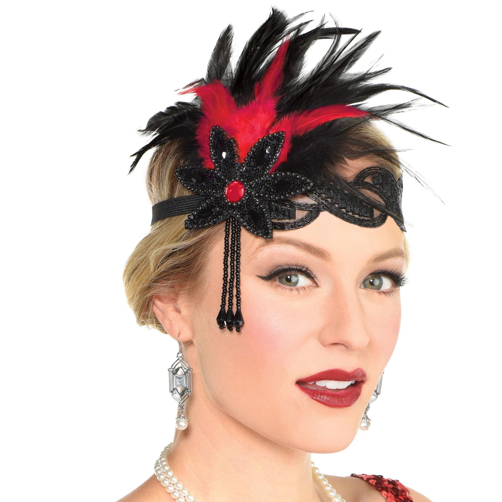 Stunning Gatsby Black & Red Sequin & Feather Headband