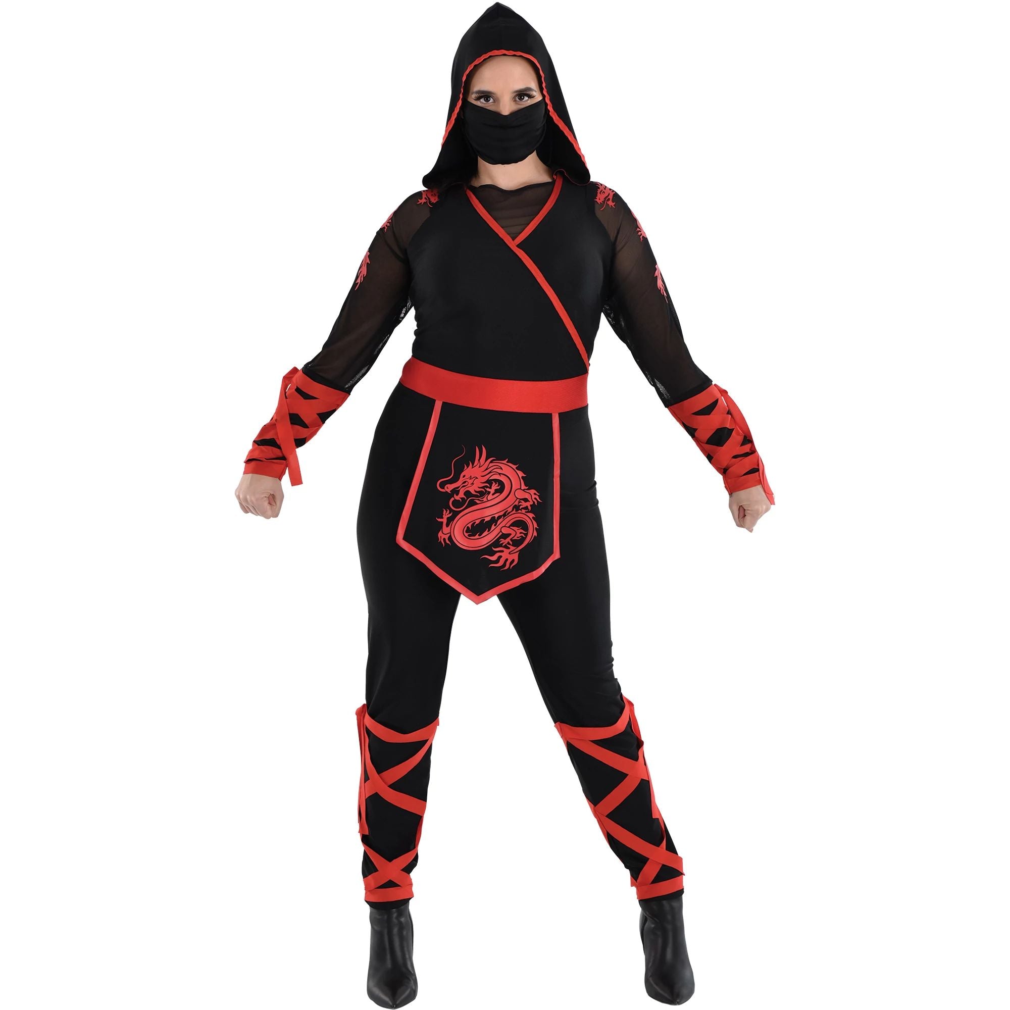 Black and Red Polyester Ninja Jumpsuit & Mask Set - Plus (18-20) - Perfect Ultimate Costume Experience