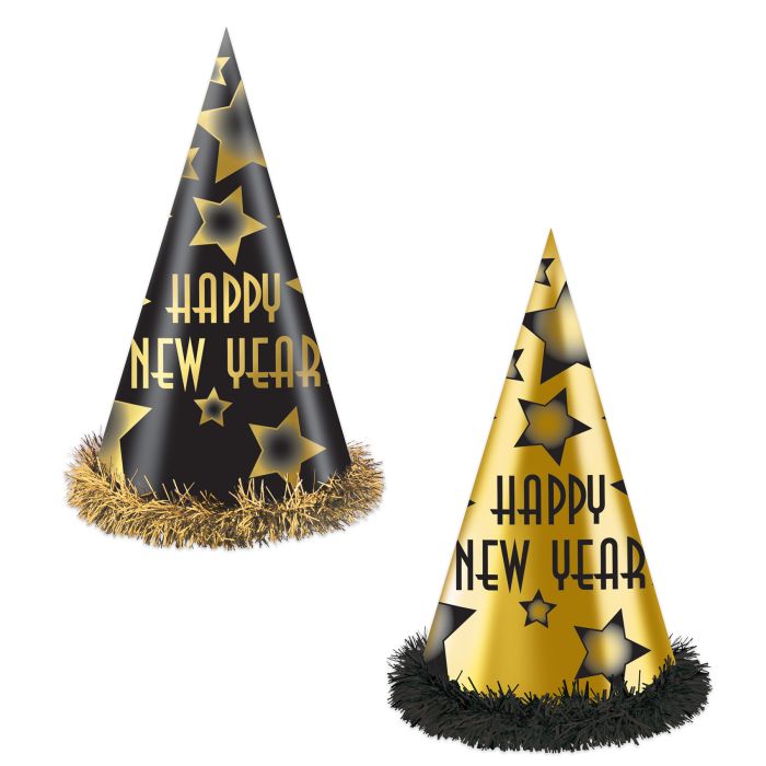 Happy New Year Party Hats - Black and Gold - Individually Sold