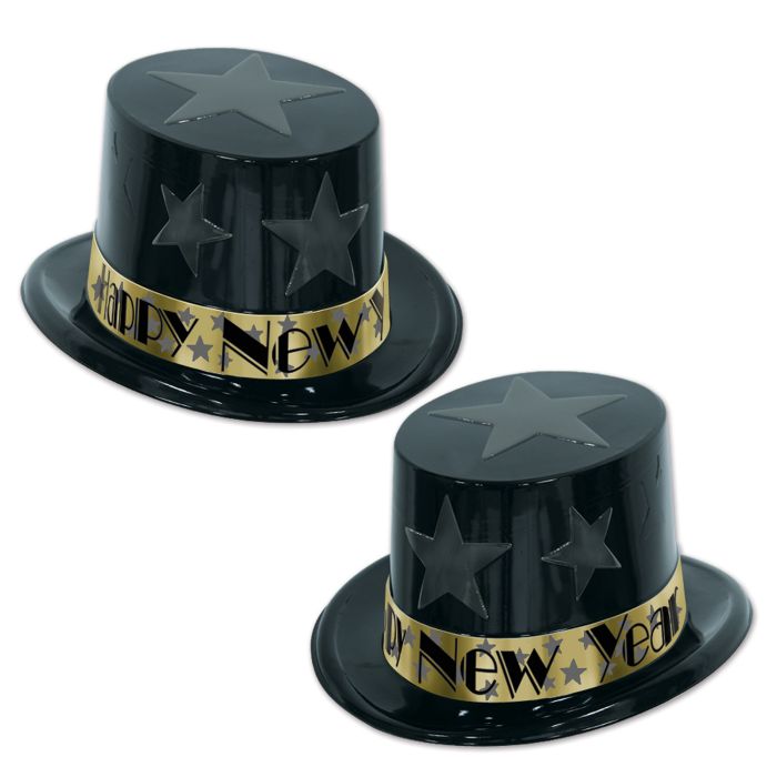Happy New Year Black & Gold Star Topper Hat